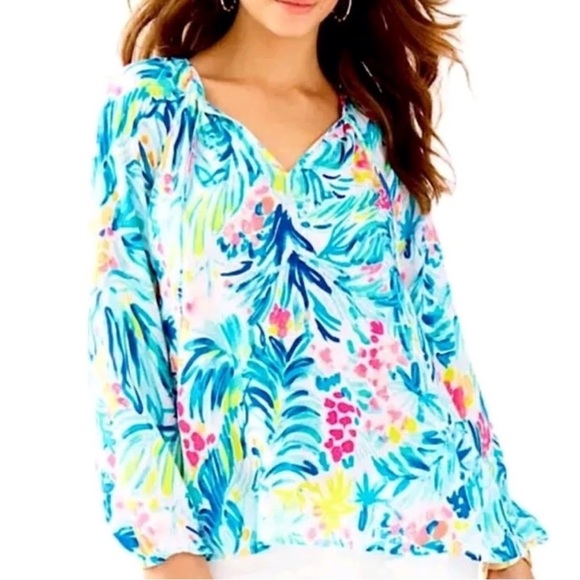 Lilly Pulitzer Tops - Lilly Pulitzer Colby Blouse Serene Blue Tippy Top Blouse Womens Size L
